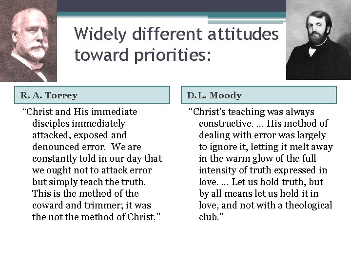Widely different attitudes toward priorities: R. A. Torrey D. L. Moody “Christ and His