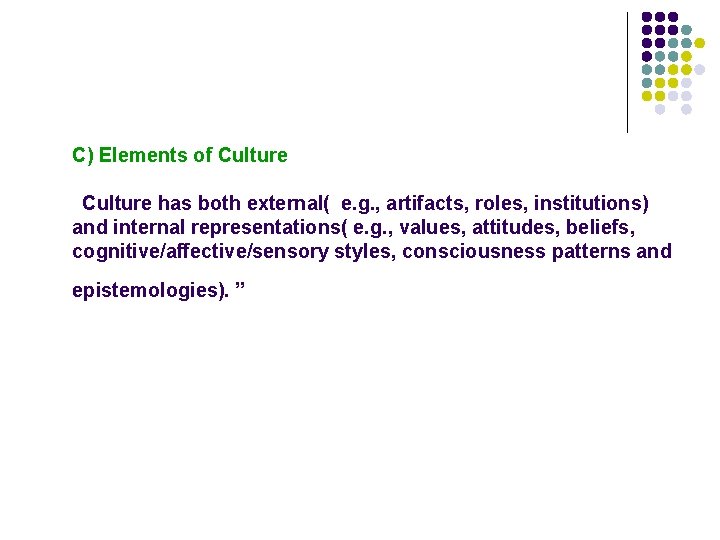 　 C) Elements of Culture has both external( e. g. , artifacts, roles, institutions)