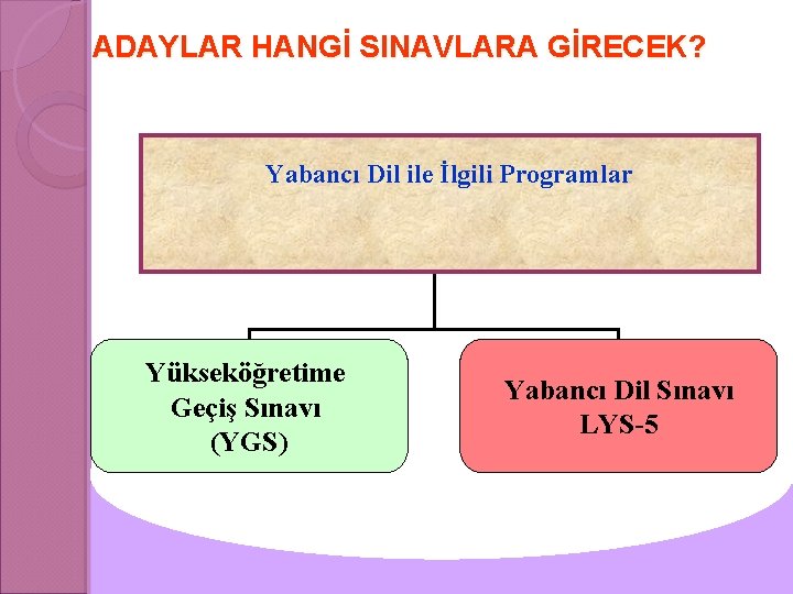 ADAYLAR HANGİ SINAVLARA GİRECEK? Yabancı Dil ile İlgili Programlar Yükseköğretime Geçiş Sınavı (YGS) Yabancı