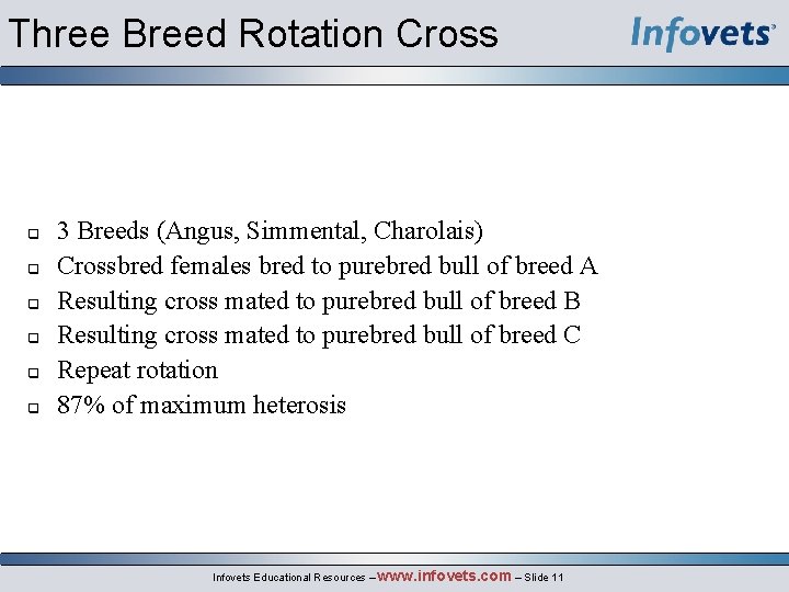Three Breed Rotation Cross q q q 3 Breeds (Angus, Simmental, Charolais) Crossbred females
