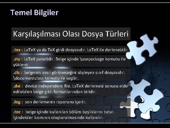 Temel Bilgiler Karşılaşılması Olası Dosya Türleri. tex : La. Te. X ya da Te.