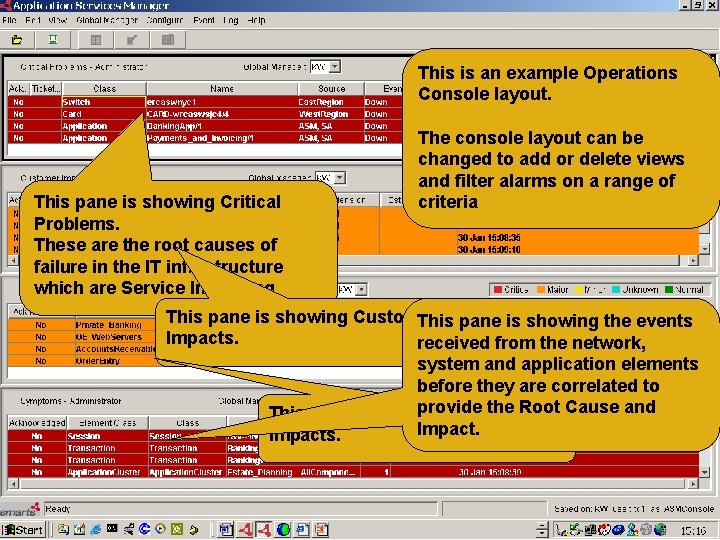 This is an example Operations Console layout. This pane is showing Critical Problems. These