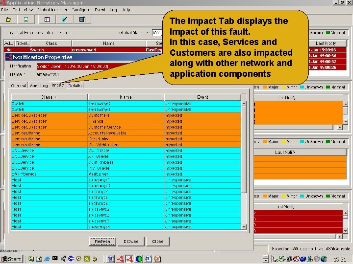 The Impact Tab displays the Impact of this fault. In this case, Services and