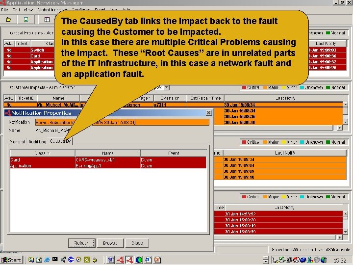 The Caused. By tab links the Impact back to the fault causing the Customer