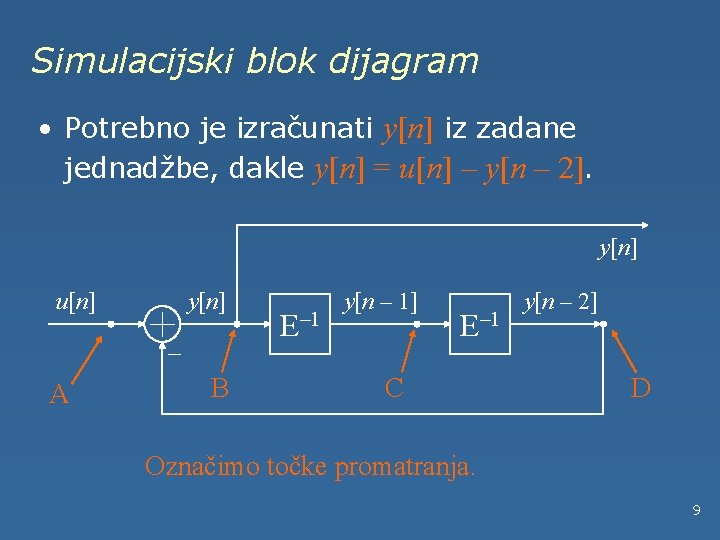 Simulacijski blok dijagram • Potrebno je izračunati y[n] iz zadane jednadžbe, dakle y[n] =