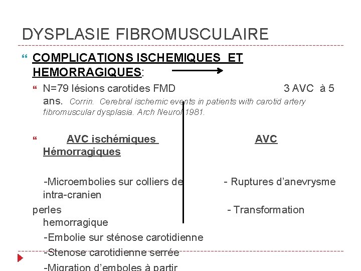 DYSPLASIE FIBROMUSCULAIRE COMPLICATIONS ISCHEMIQUES ET HEMORRAGIQUES: N=79 lésions carotides FMD 3 AVC à 5