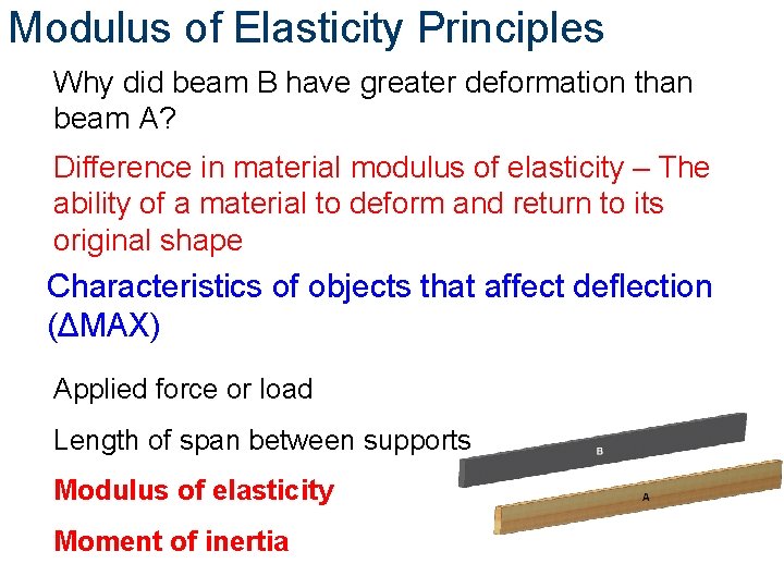 Modulus of Elasticity Principles Why did beam B have greater deformation than beam A?