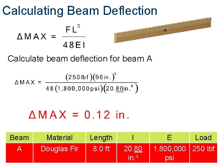 Calculating Beam Deflection Calculate beam deflection for beam A Beam A Material Douglas Fir