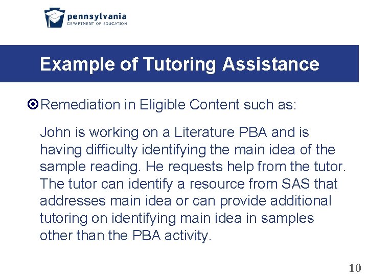 Example of Tutoring Assistance Remediation in Eligible Content such as: John is working on