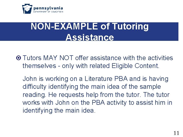 NON-EXAMPLE of Tutoring Assistance Tutors MAY NOT offer assistance with the activities themselves -