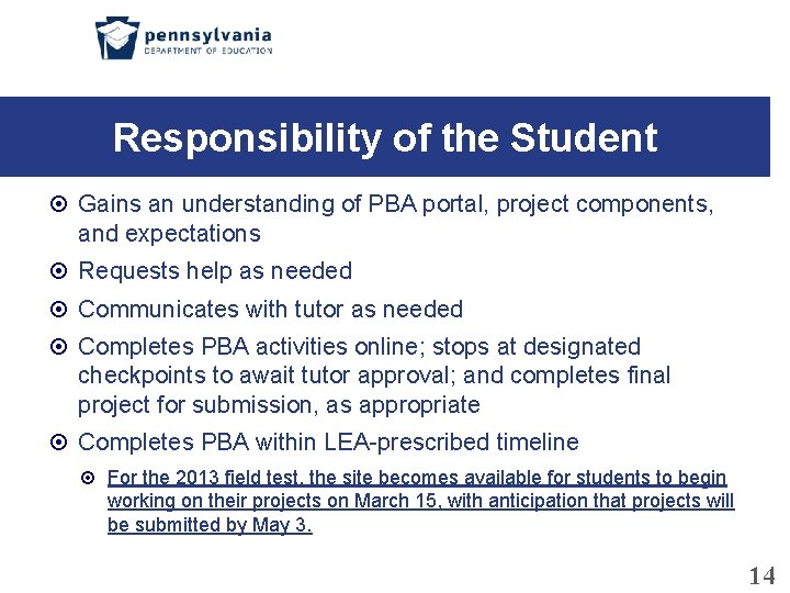 Responsibility of the Student Gains an understanding of PBA portal, project components, and expectations