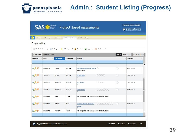 Admin. : Student Listing (Progress) 39 