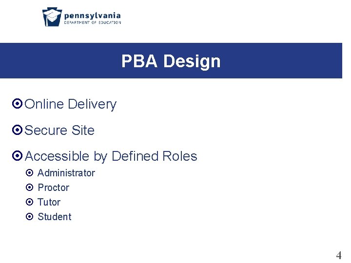 PBA Design Online Delivery Secure Site Accessible by Defined Roles Administrator Proctor Tutor Student