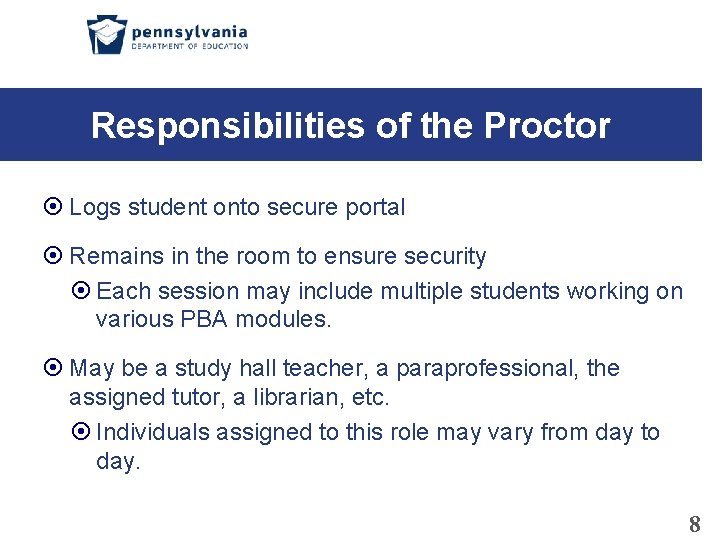 Responsibilities of the Proctor Logs student onto secure portal Remains in the room to