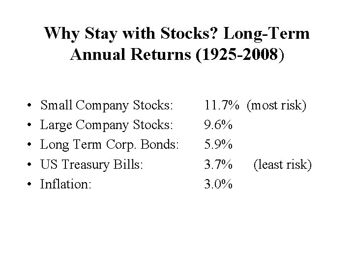 Why Stay with Stocks? Long-Term Annual Returns (1925 -2008) • • • Small Company