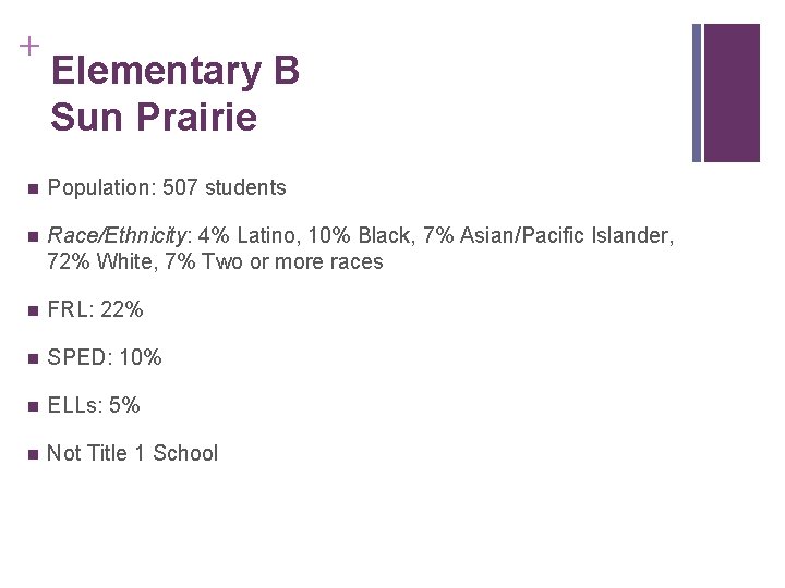 + Elementary B Sun Prairie n Population: 507 students n Race/Ethnicity: 4% Latino, 10%