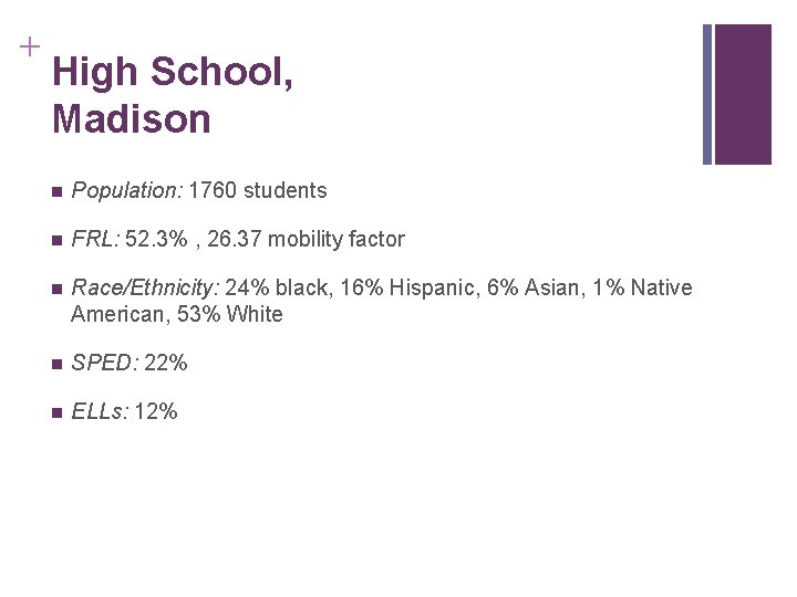 + High School, Madison n Population: 1760 students n FRL: 52. 3% , 26.