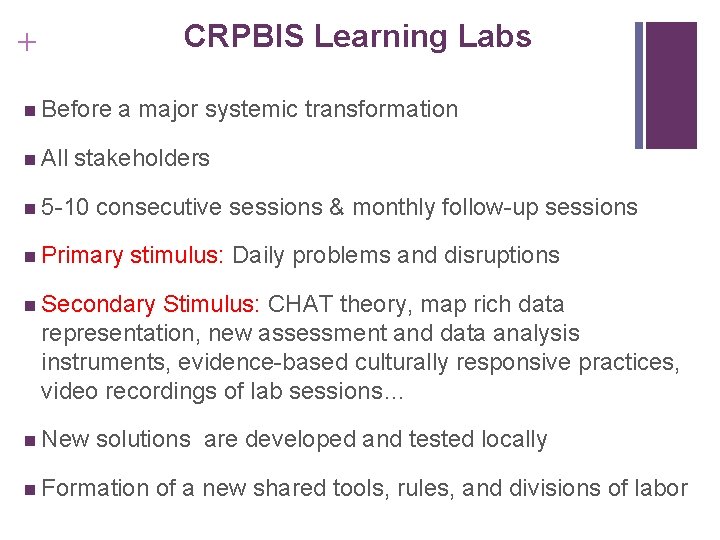 CRPBIS Learning Labs + n Before n All a major systemic transformation stakeholders n