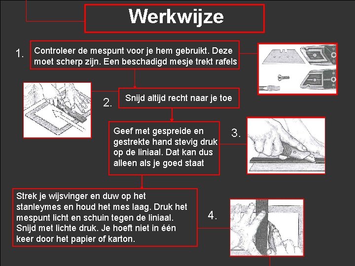 Werkwijze 1. Controleer de mespunt voor je hem gebruikt. Deze moet scherp zijn. Een