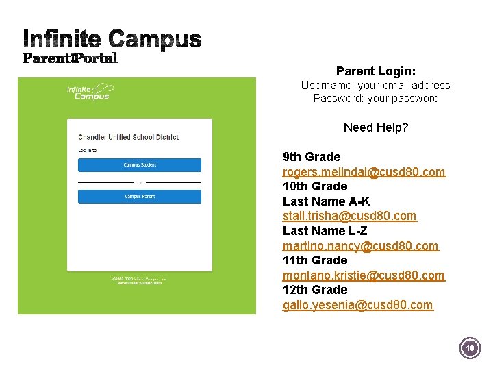 Parent Login: Username: your email address Password: your password Need Help? 9 th Grade