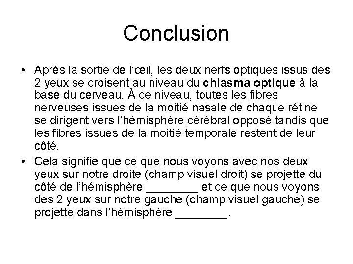 Conclusion • Après la sortie de l’œil, les deux nerfs optiques issus des 2