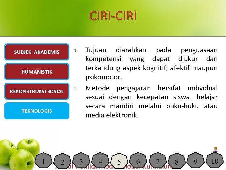 CIRI-CIRI SUBJEK AKADEMIS 1. HUMANISTIK REKONSTRUKSI SOSIAL TEKNOLOGIS 1 2. Tujuan diarahkan pada penguasaan