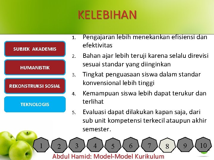 KELEBIHAN 1. SUBJEK AKADEMIS 2. HUMANISTIK 3. REKONSTRUKSI SOSIAL 4. TEKNOLOGIS 5. 1 Pengajaran