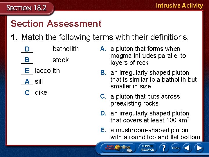 Intrusive Activity Section Assessment 1. Match the following terms with their definitions. ___ D Intrusive Activity Section Assessment 1. Match the following terms with their definitions. ___ D