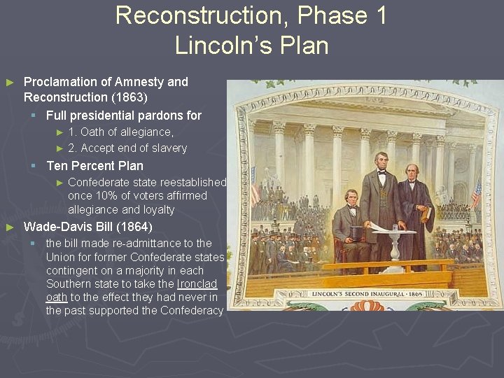 Reconstruction, Phase 1 Lincoln’s Plan ► Proclamation of Amnesty and Reconstruction (1863) § Full