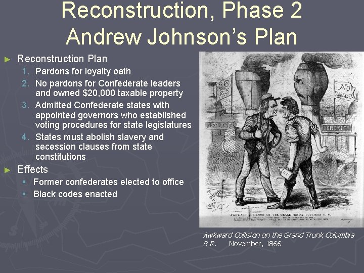 Reconstruction, Phase 2 Andrew Johnson’s Plan ► Reconstruction Plan 1. Pardons for loyalty oath