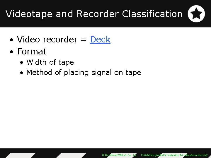 Videotape and Recorder Classification • Video recorder = Deck • Format • Width of