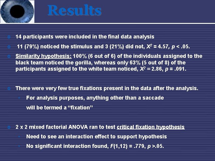 Results o 14 participants were included in the final data analysis o 11 (79%)