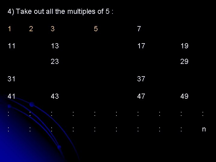 4) Take out all the multiples of 5 : 1 2 11 3 5