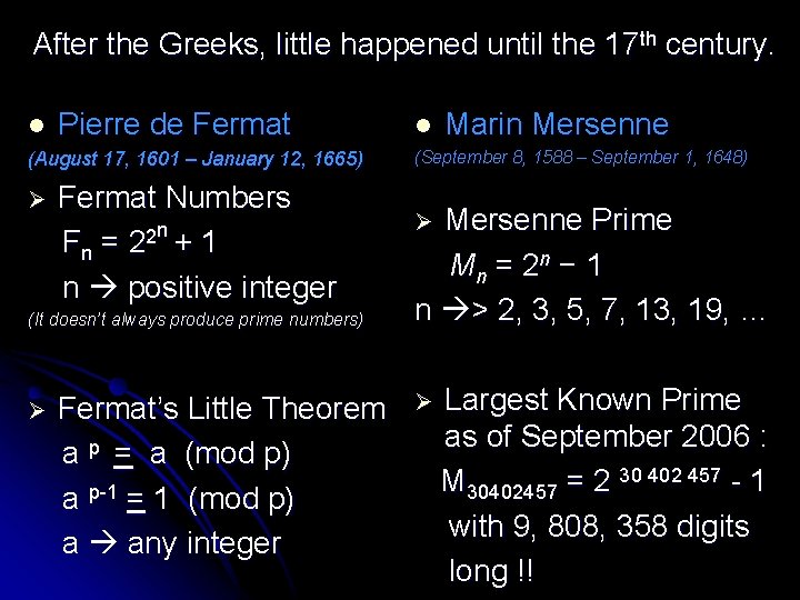 After the Greeks, little happened until the 17 th century. l Pierre de Fermat