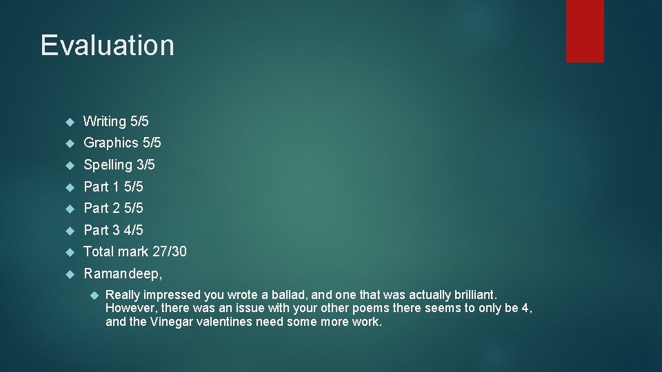 Evaluation Writing 5/5 Graphics 5/5 Spelling 3/5 Part 1 5/5 Part 2 5/5 Part