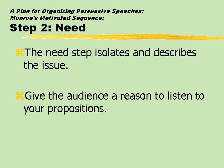 A Plan for Organizing Persuasive Speeches: Monroe’s Motivated Sequence: Step 2: Need z. The