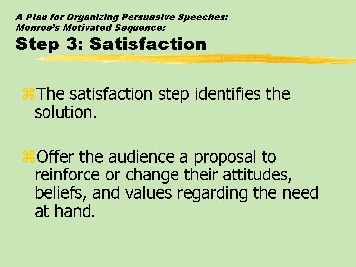 A Plan for Organizing Persuasive Speeches: Monroe’s Motivated Sequence: Step 3: Satisfaction z. The