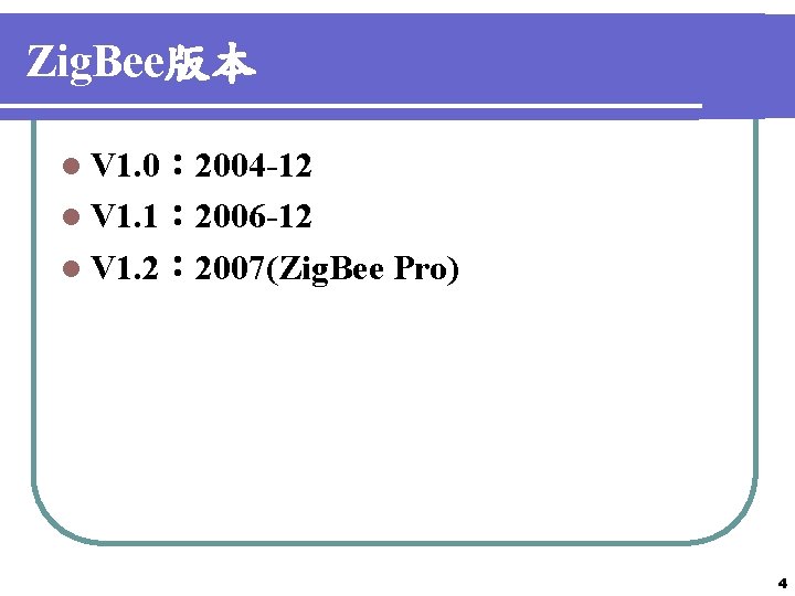 Zig. Bee版本 l V 1. 0： 2004 -12 l V 1. 1： 2006 -12