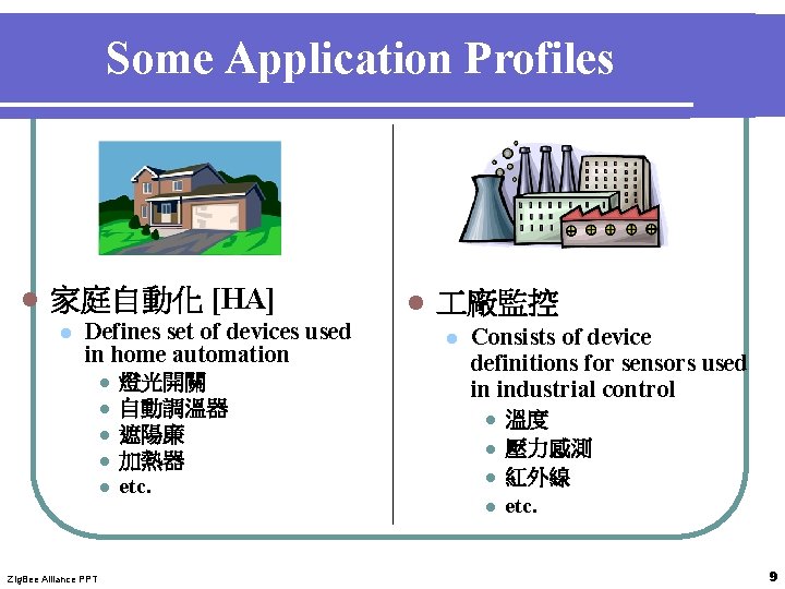 Some Application Profiles l 家庭自動化 [HA] l Defines set of devices used in home