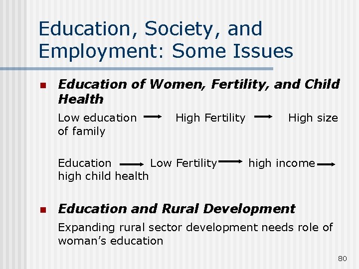 Education, Society, and Employment: Some Issues n Education of Women, Fertility, and Child Health