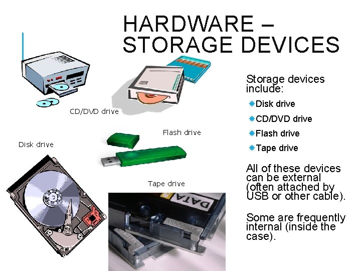 HARDWARE – STORAGE DEVICES Storage devices include: Disk drive CD/DVD drive Flash drive Disk
