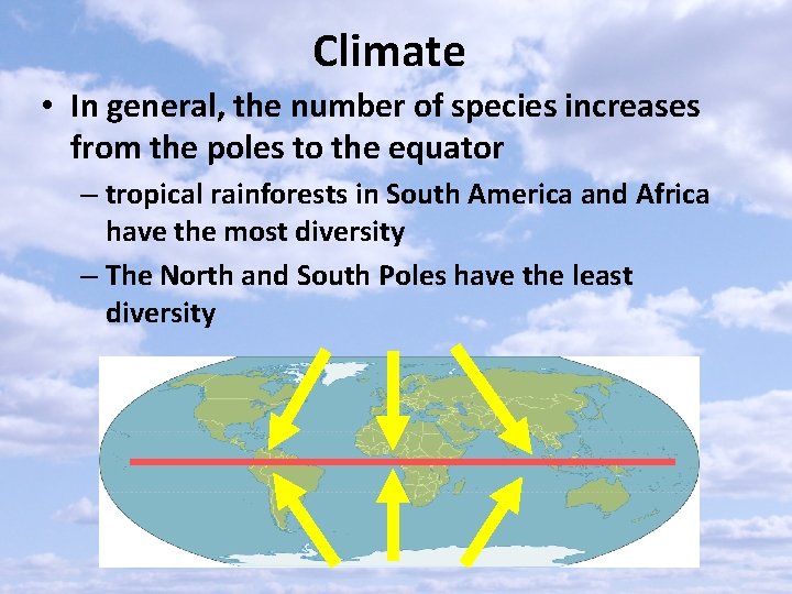 Climate • In general, the number of species increases from the poles to the