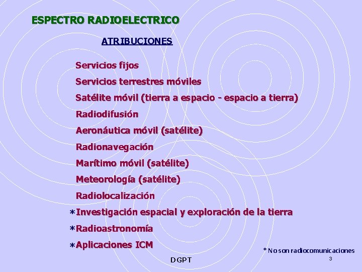 ESPECTRO RADIOELECTRICO ATRIBUCIONES Servicios fijos Servicios terrestres móviles Satélite móvil (tierra a espacio -
