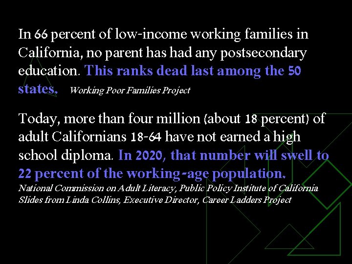 In 66 percent of low-income working families in California, no parent has had any