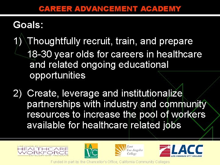 CAREER ADVANCEMENT ACADEMY Goals: 1) Thoughtfully recruit, train, and prepare 18 -30 year olds
