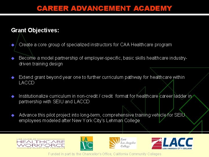 CAREER ADVANCEMENT ACADEMY Grant Objectives: u Create a core group of specialized instructors for