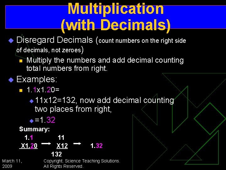 Multiplication (with Decimals) u Disregard Decimals (count numbers on the right side of decimals,