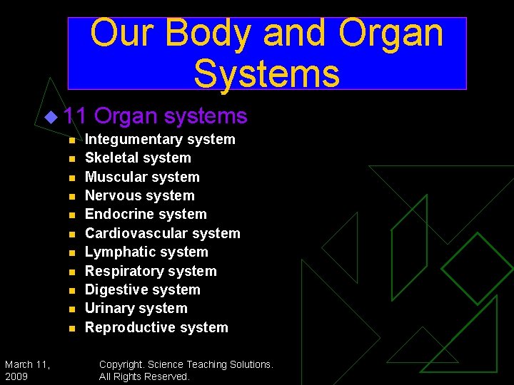 Our Body and Organ Systems u 11 n n n March 11, 2009 Organ