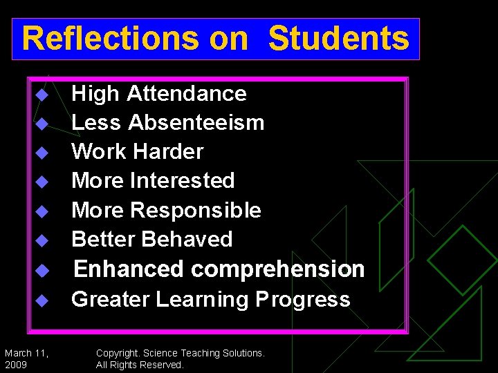 Reflections on Students u High Attendance Less Absenteeism Work Harder More Interested More Responsible