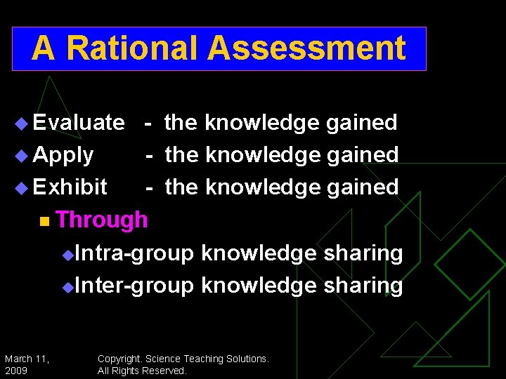 A Rational Assessment u Evaluate - the knowledge gained u Apply - the knowledge